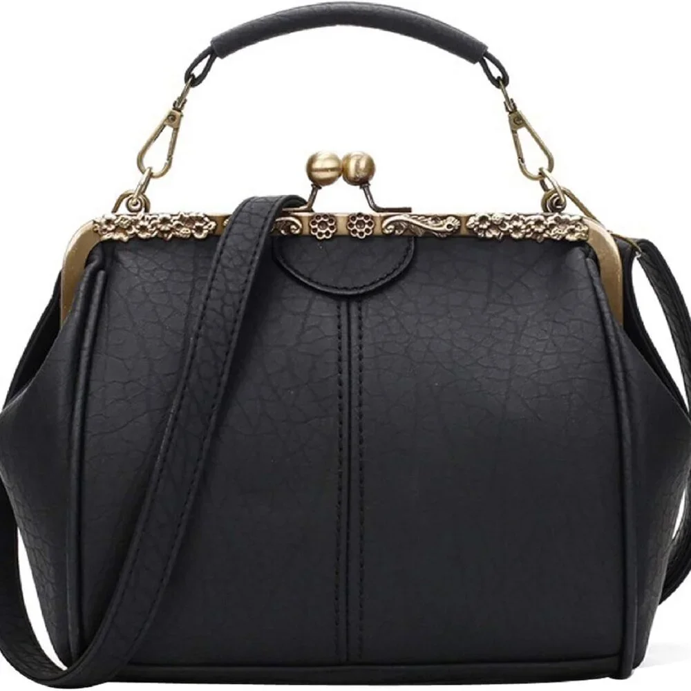 Women Vintage PU Handbag Classic Kiss Lock Mini Purse Crossbody Clutch